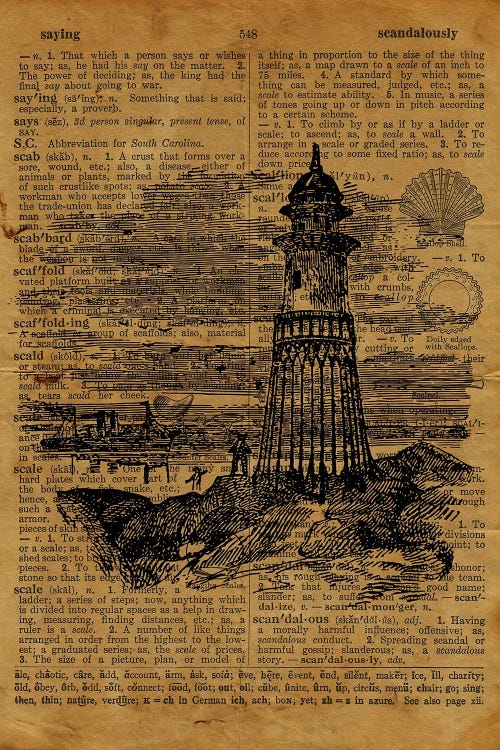 Lighthouse Etching On Old Paper