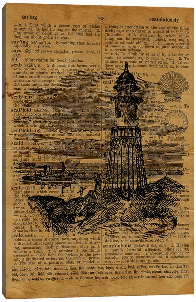 Lighthouse Etching On Old Paper Canvas Art Print - Cottagecore Goes Coastal