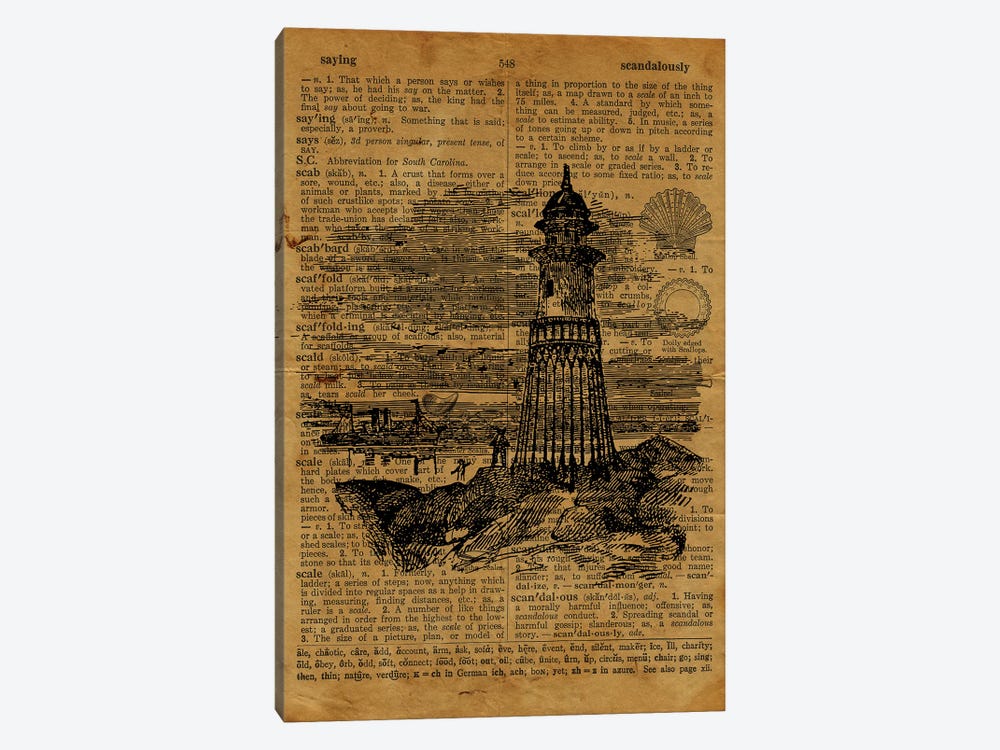 Lighthouse Etching On Old Paper by FisherCraft 1-piece Canvas Artwork
