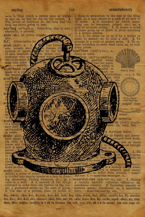 Deep Sea Diver Helmet Etching On Old Paper