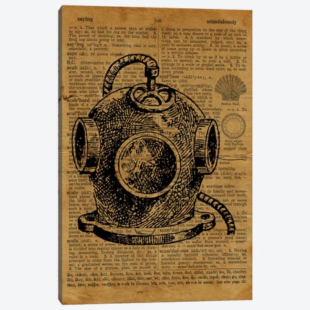 Deep Sea Diver Helmet Etching On Old Paper Canvas Print #FHC128} by FisherCraft Canvas Art
