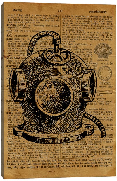 Deep Sea Diver Helmet Etching On Old Paper Canvas Art Print - Antique & Collectible Art