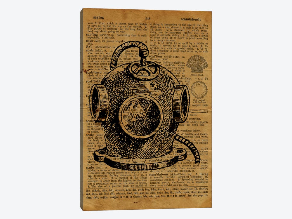 Deep Sea Diver Helmet Etching On Old Paper 1-piece Canvas Art Print