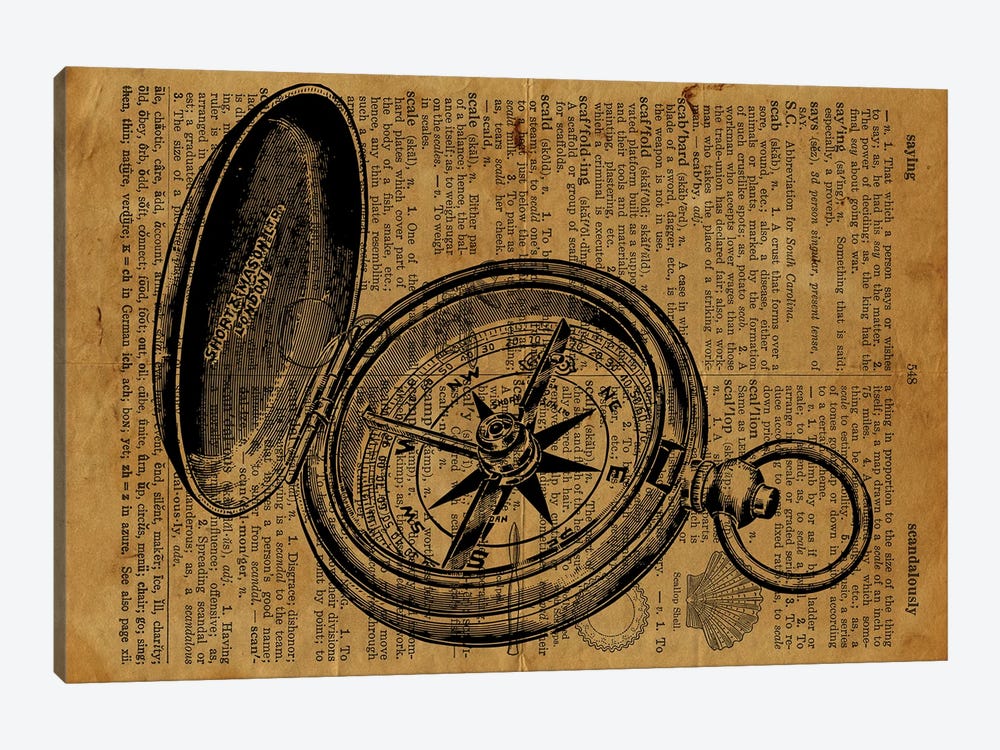 Compass Etching On Old Paper by FisherCraft 1-piece Canvas Artwork