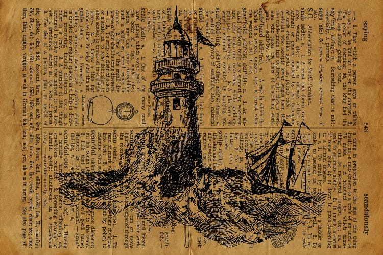 Old Lighthouse Etching On Old Paper