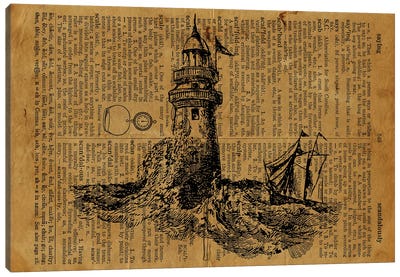 Old Lighthouse Etching On Old Paper Canvas Art Print - Cottagecore Goes Coastal