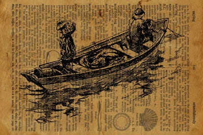 Sailors And Raft Etching On Old Paper by FisherCraft framed wall art
