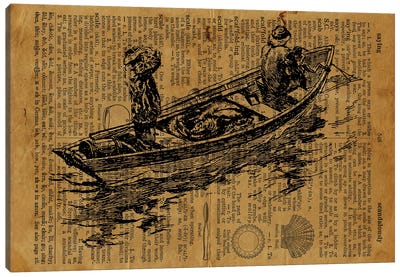 Sailors And Raft Etching On Old Paper Canvas Art Print - Rowboat Art