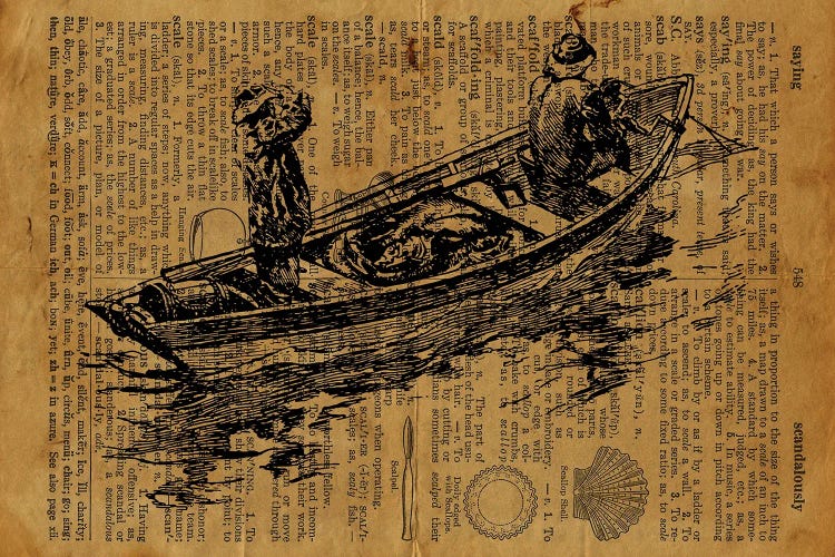 Sailors And Raft Etching On Old Paper