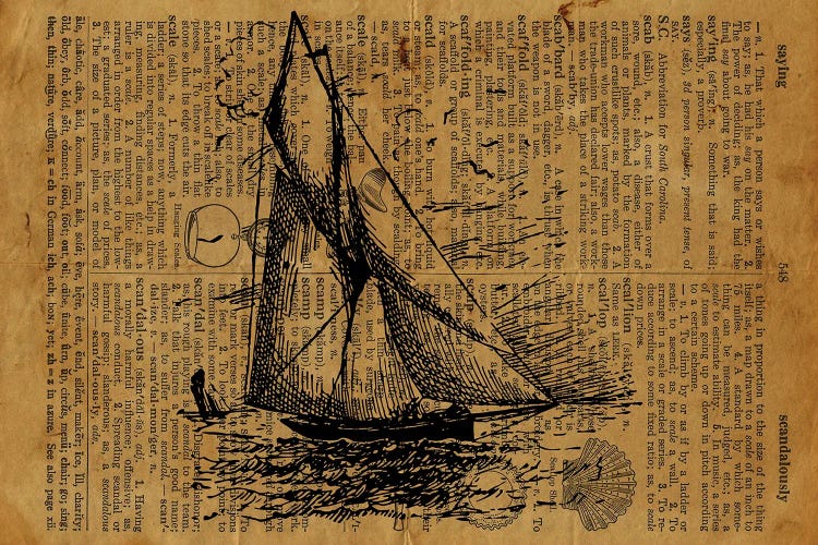 Sail Boat Etching On Old Paper