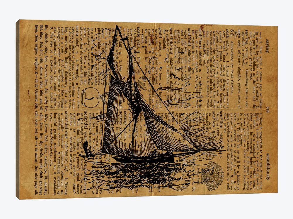 Sail Boat Etching On Old Paper by FisherCraft 1-piece Canvas Art