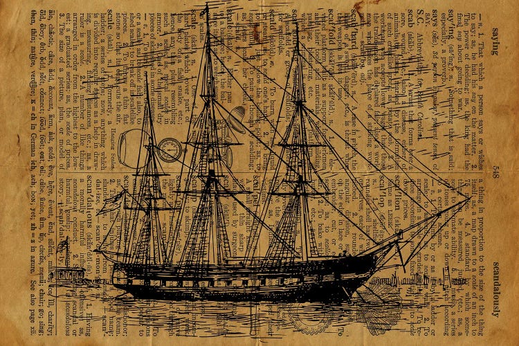 Frigate Etching On Old Paper