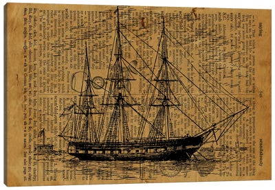 Frigate Etching On Old Paper Canvas Art Print - Dark Academia