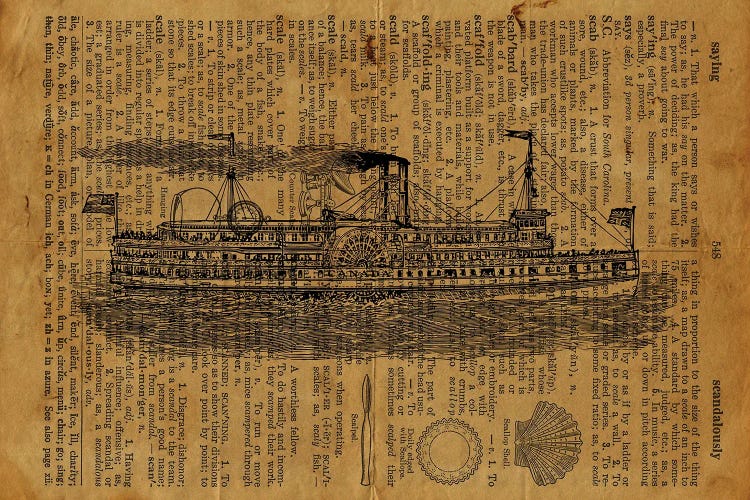 Steamboat Etching On Old Paper