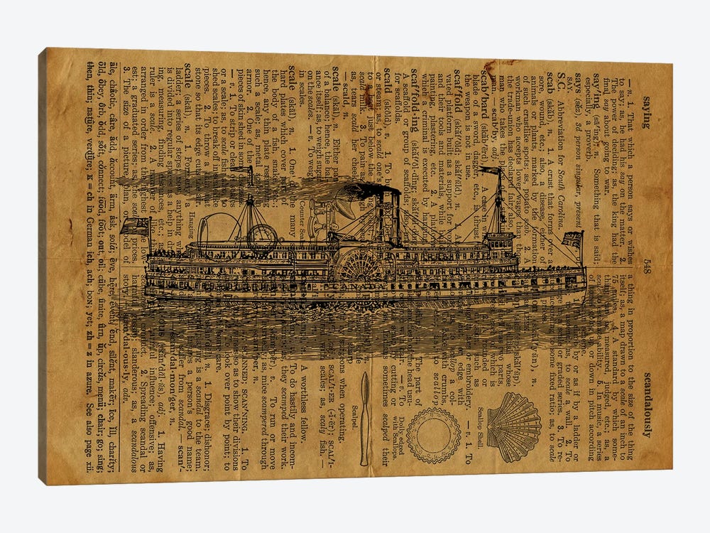 Steamboat Etching On Old Paper by FisherCraft 1-piece Canvas Art Print