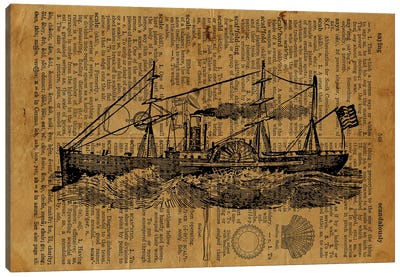 Vintage Steamboat Etching On Old Paper Canvas Art Print - FisherCraft