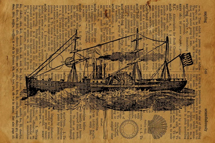 Vintage Steamboat Etching On Old Paper