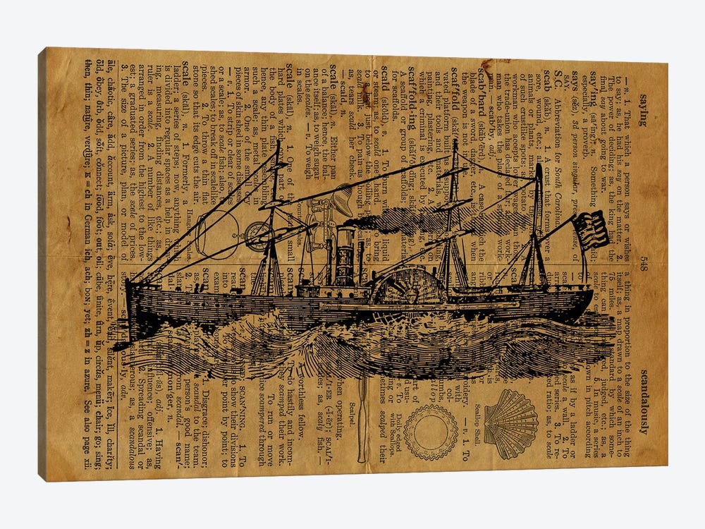 Vintage Steamboat Etching On Old Paper by FisherCraft 1-piece Canvas Wall Art