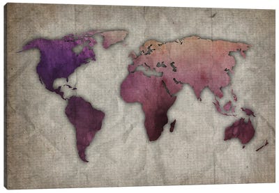 Purple And Pink World Map On Old Paper Canvas Art Print - World Map Art
