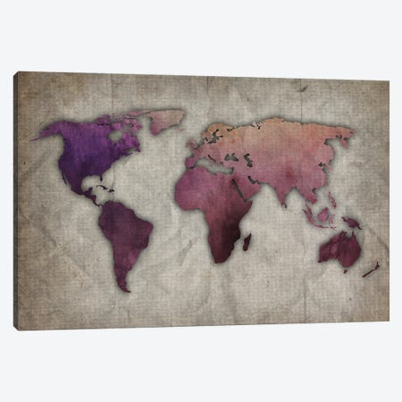 Purple And Pink World Map On Old Paper Canvas Print #FHC141} by FisherCraft Canvas Wall Art
