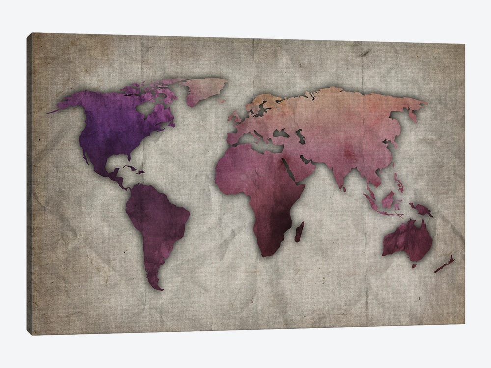 Purple And Pink World Map On Old Paper by FisherCraft 1-piece Canvas Art