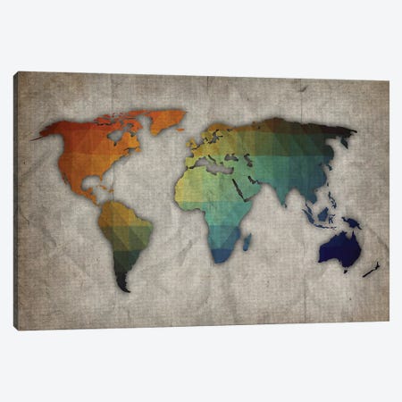 Orange, Green, And Blue World Map On Old Paper Canvas Print #FHC144} by FisherCraft Art Print