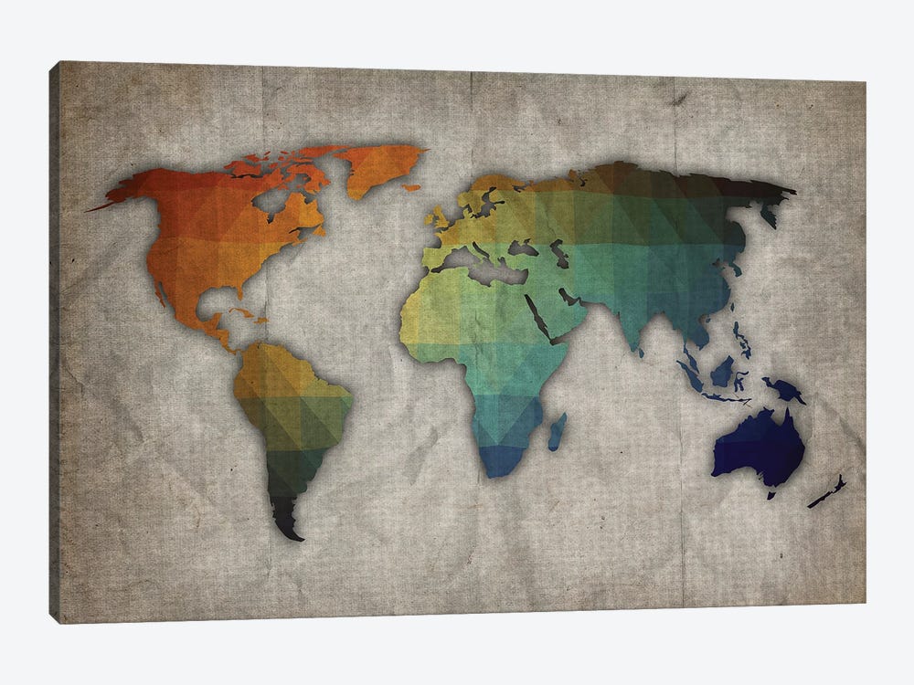 Orange, Green, And Blue World Map On Old Paper by FisherCraft 1-piece Canvas Print