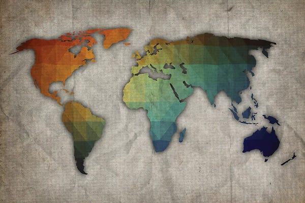 Globes: Orange, Green, And Blue World Map On Old Paper by FisherCraft