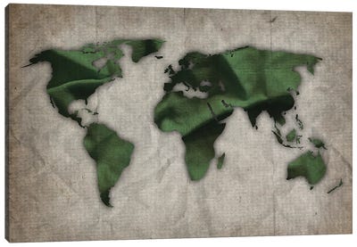Dark Green And Green World Map On Old Paper Canvas Art Print - World Map Art
