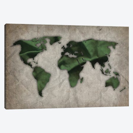 Dark Green And Green World Map On Old Paper Canvas Print #FHC146} by FisherCraft Art Print