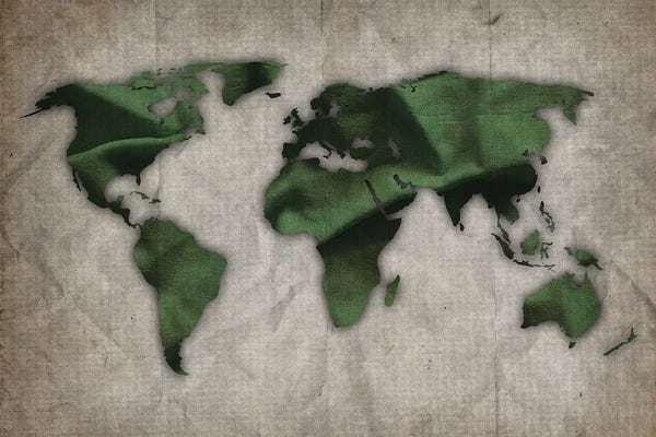 Globes: Dark Green And Green World Map On Old Paper by FisherCraft
