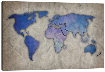 Light Blue And Purple World Map On Old Paper Canvas Art Print - World Map Art