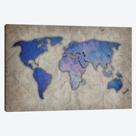 Light Blue And Purple World Map On Old Paper Canvas Print #FHC149} by FisherCraft Canvas Artwork