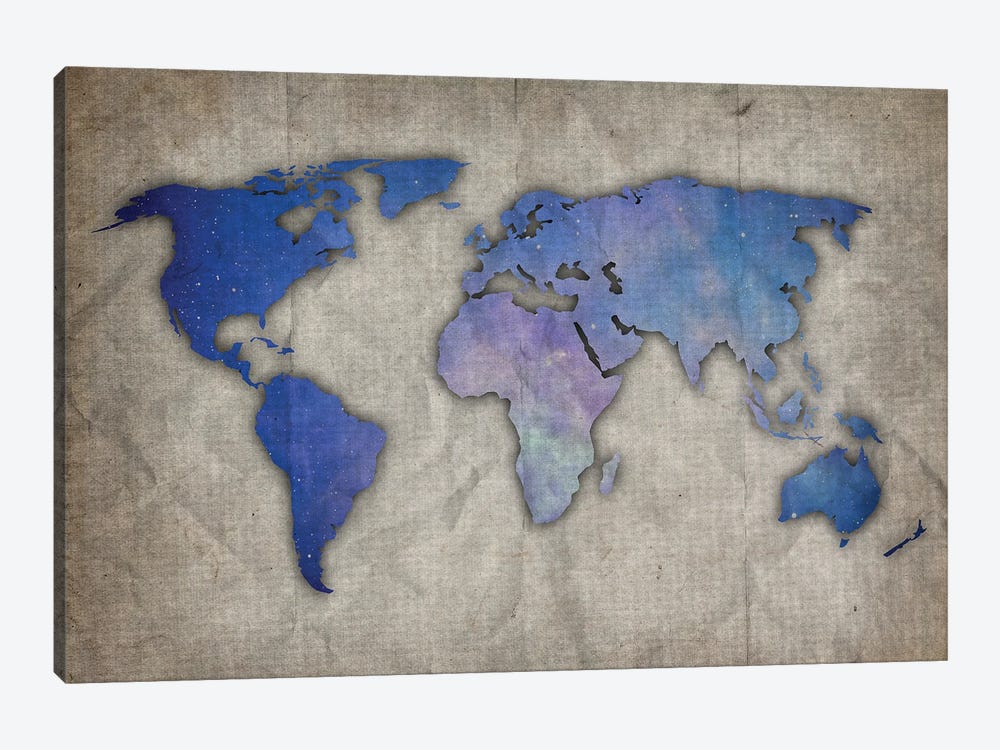 Light Blue And Purple World Map On Old Paper by FisherCraft 1-piece Canvas Artwork