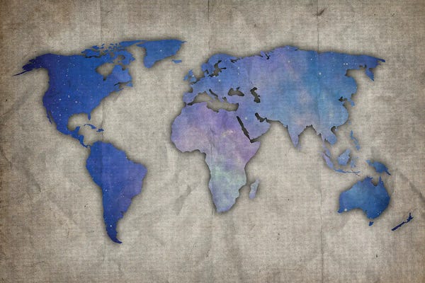Globes: Light Blue And Purple World Map On Old Paper by FisherCraft