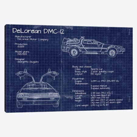 Back to the Future DeLorean Blueprint Canvas Print #FHC188} by FisherCraft Canvas Wall Art