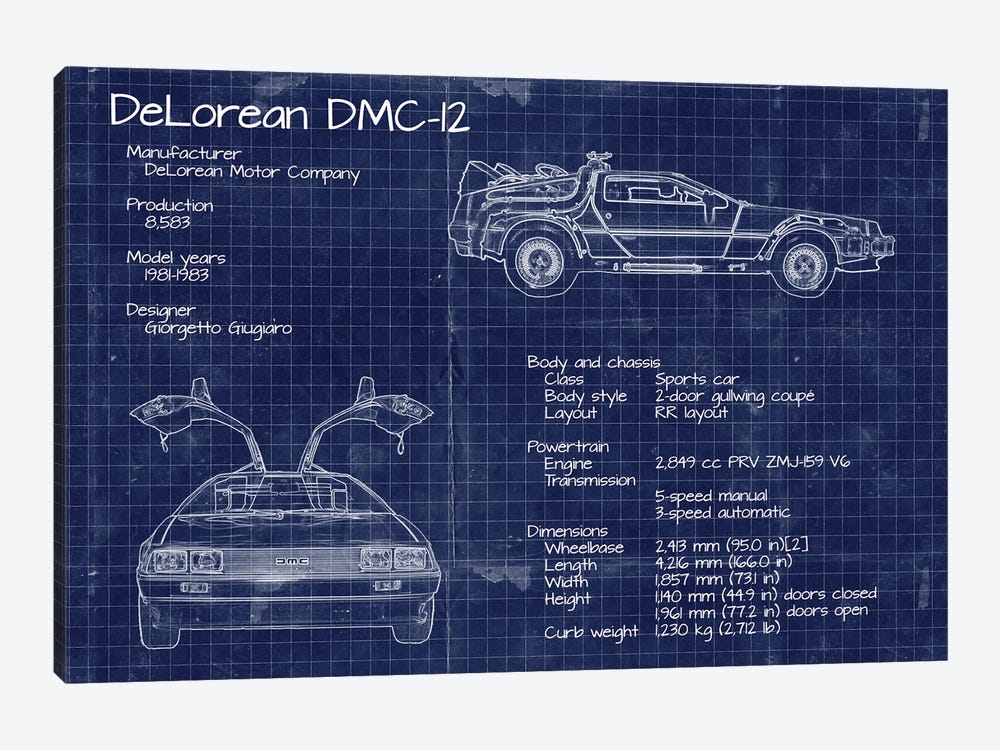 Back to the Future DeLorean Blueprint by FisherCraft 1-piece Canvas Art Print