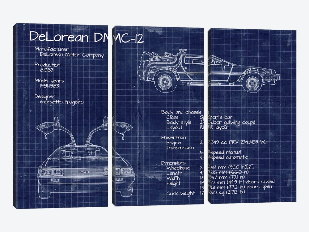 Back to the Future DeLorean Blueprint by FisherCraft 3-piece Canvas Art Print