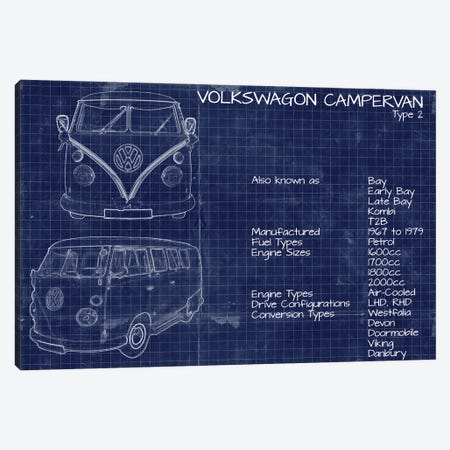 VW Campervan Blueprint Canvas Print #FHC189} by FisherCraft Canvas Artwork