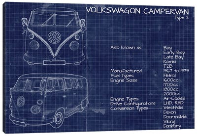 VW Campervan Blueprint Canvas Art Print - Automobile Blueprints
