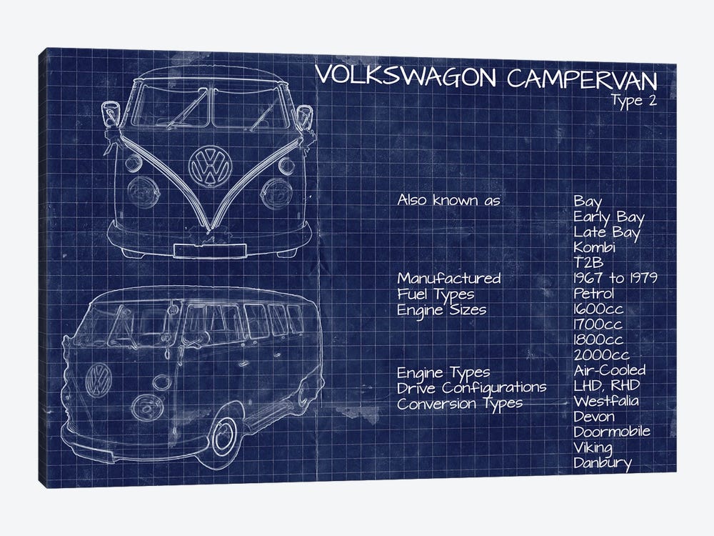 VW Campervan Blueprint by FisherCraft 1-piece Canvas Wall Art