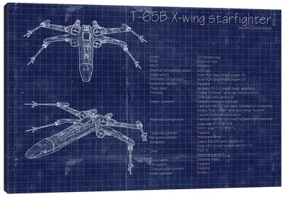 Star Wars X-Wing Blueprint Canvas Art Print - Black, White & Blue Art