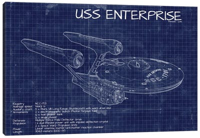Star Trek USS Enterprise NCC-1701 Blueprint Canvas Art Print - Black, White & Blue Art
