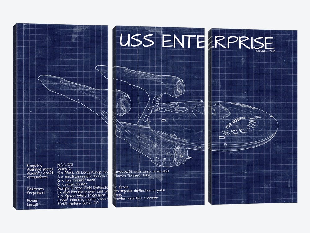 Star Trek USS Enterprise NCC-1701 Blueprint by FisherCraft 3-piece Canvas Art Print