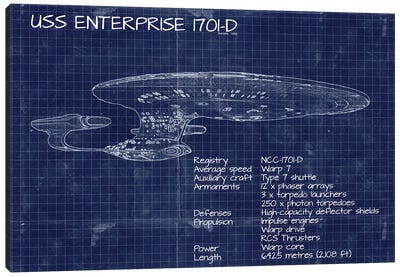 USS Enterprise NCC 1701-D Canvas Art Print - Black, White & Blue Art