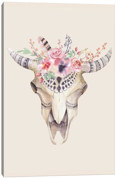 Bohemian Flowered Cattle Skull Canvas Art Print - FisherCraft