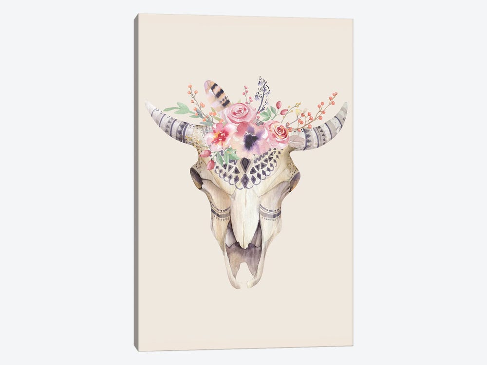 Bohemian Flowered Cattle Skull by FisherCraft 1-piece Canvas Art Print
