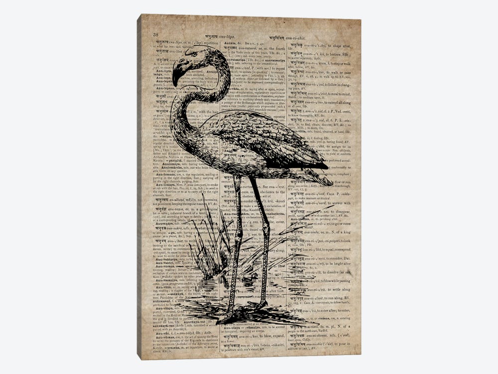 Flamingo Etching Print III On Old Dictionary Paper by FisherCraft 1-piece Art Print