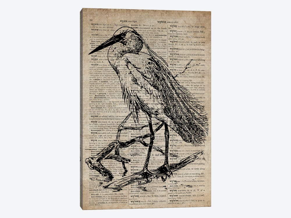 Heron Etching Print XI On Old Dictionary Paper by FisherCraft 1-piece Canvas Wall Art