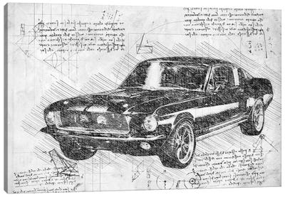 B&W 1967 Ford Mustang Muscle Car Canvas Art Print - Automobile Blueprints